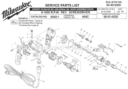 Page A Diagram and Parts List for 6543-1 SER 469C Milwaukee Electric Drill