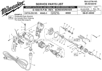 Page A Diagram and Parts List for 6543-1 SER 469D Milwaukee Electric Drill