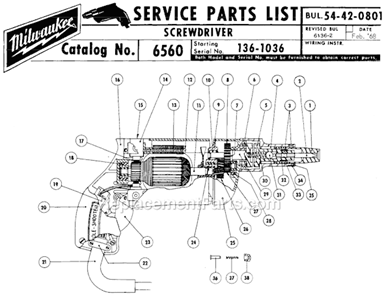 Page A Diagram and Parts List for 6560 SER 136-1036 Milwaukee Electric Drill