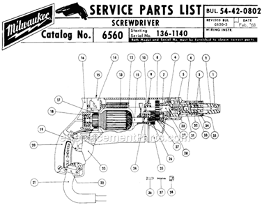 Page A Diagram and Parts List for 6560 SER 136-1140 Milwaukee Electric Drill