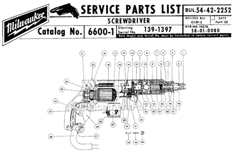 Page A Diagram and Parts List for 6600-1 SER 139-1397 Milwaukee Electric Drill