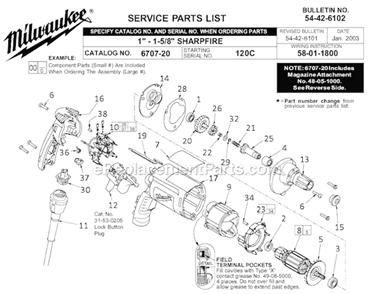 1 - 1-5/8 Diagram and Parts List for 6707-20 SER 120C Milwaukee Electric Drill