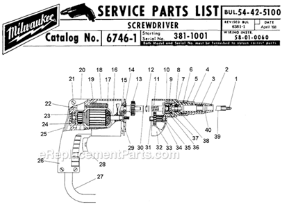 Page A Diagram and Parts List for 6746-1 SER 381-1001 Milwaukee Electric Drill