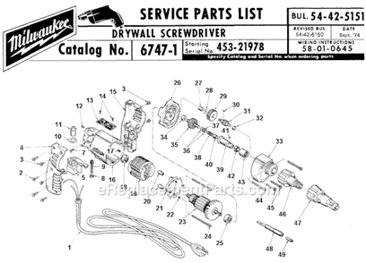 Page A Diagram and Parts List for 6747-1 SER 453-21978 Milwaukee Electric Drill