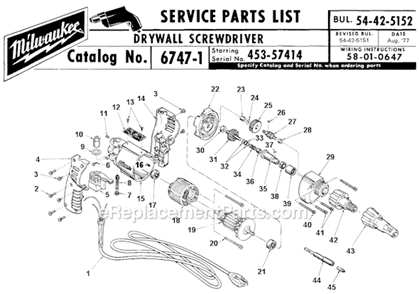 Page A Diagram and Parts List for 6747-1 SER 453-57414 Milwaukee Electric Drill