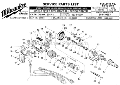 Page A Diagram and Parts List for 6747-1 SER 453-8400 Milwaukee Electric Drill