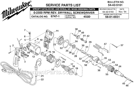 Page A Diagram and Parts List for 6747-1 SER 453D Milwaukee Electric Drill