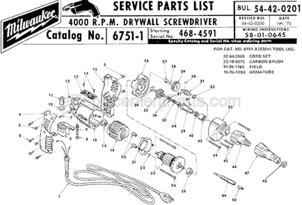 Page A Diagram and Parts List for 6751-1 SER 468-4591 Milwaukee Electric Drill