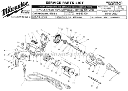 Page A Diagram and Parts List for 6751-1 SER 468-50300 Milwaukee Electric Drill