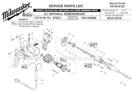 Page A Diagram and Parts List for 6753-1 SER 704-165000 Milwaukee Electric Drill