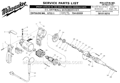 Page A Diagram and Parts List for 6753-1 SER 704-65000 Milwaukee Electric Drill