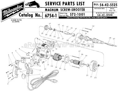 Page A Diagram and Parts List for 6754-1 SER 572-1001 Milwaukee Electric Drill