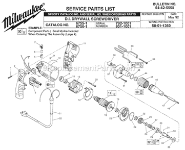 Page A Diagram and Parts List for 6756-1 SER 801-1001 Milwaukee Electric Drill