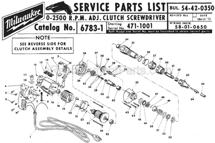 Page A Diagram and Parts List for 6783-1 SER 471-1001 Milwaukee Electric Drill