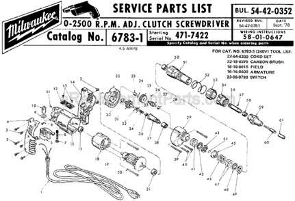 Page A Diagram and Parts List for 6783-1 SER 471-7422 Milwaukee Electric Drill