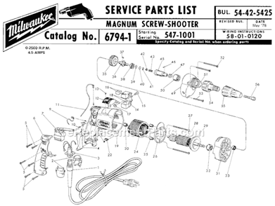 Page A Diagram and Parts List for 6794-1 SER 547-1001 Milwaukee Electric Drill