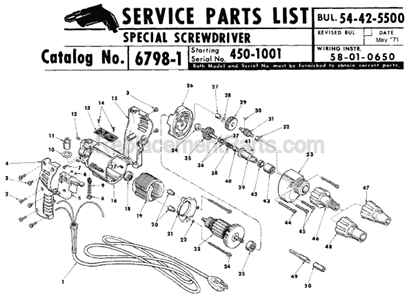 Page A Diagram and Parts List for 6798-1 SER 450-1001 Milwaukee Electric Drill