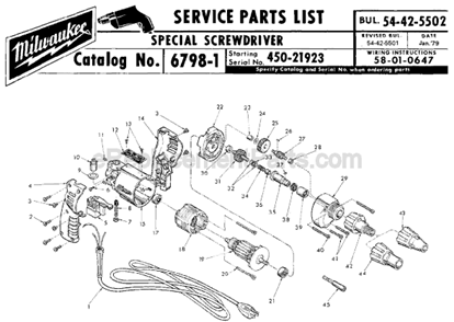 Page A Diagram and Parts List for 6798-1 SER 450-21923 Milwaukee Electric Drill