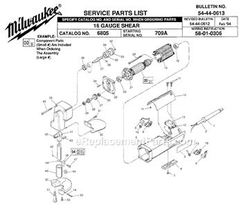 Page A Diagram and Parts List for 6805 SER 709A Milwaukee Nibbler & Shears