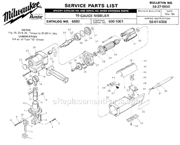 Page A Diagram and Parts List for 6880 SER 630-1001 Milwaukee Nibbler & Shears