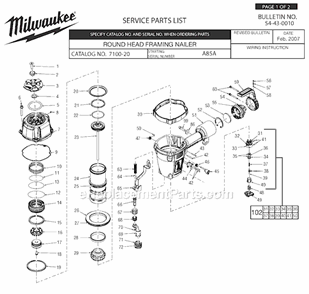 Part Location Diagram of 44-90-0720 Milwaukee Cylinder Ring