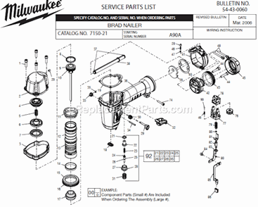Page A Diagram and Parts List for 7150-21 SER A90A Milwaukee Nailer