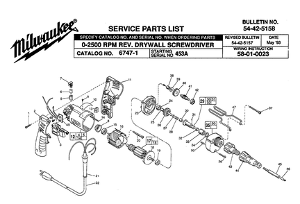 Fig-0 Diagram and Parts List for 6747-1 453A Milwaukee Electric Drill