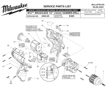 Fig-0 Diagram and Parts List for 2404-20 E28D Milwaukee Cordless Drill