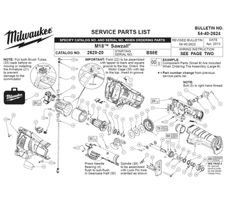 Fig-0 Diagram and Parts List for 2620-22 B58E Milwaukee Saw