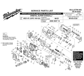 Fig-0 Diagram and Parts List for 6521-51 981D Milwaukee Saw
