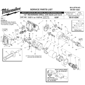 Fig-0 Diagram and Parts List for 1107-6 629F Milwaukee Electric Drill