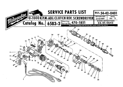 Fig-0 Diagram and Parts List for 6583-3 470-1851 Milwaukee Electric Drill