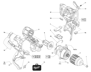 Fig-0 Diagram and Parts List for 2503-20 J16A Milwaukee Electric Drill