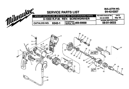 Fig-0 Diagram and Parts List for 6543-1 469-59000 Milwaukee Electric Drill