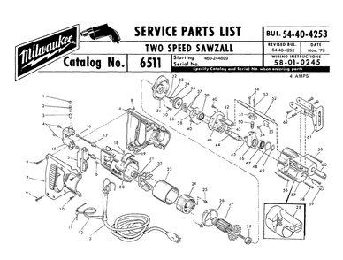Fig-0 Diagram and Parts List for 6511-2 460-244899 Milwaukee Saw