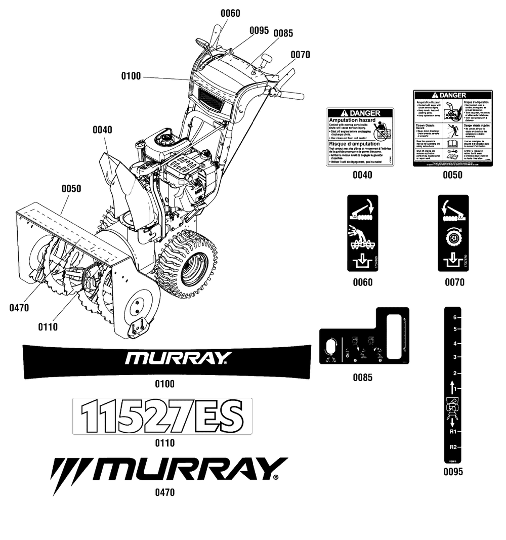 Decals Group Diagram and Parts List for 11527ES (1696029)(2011) Murray Snow Blower
