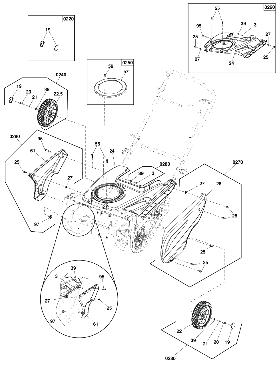 Wheel And Body Covering Group Diagram and Parts List for 1022E (1696856-02)(2018) Murray Snow Blower