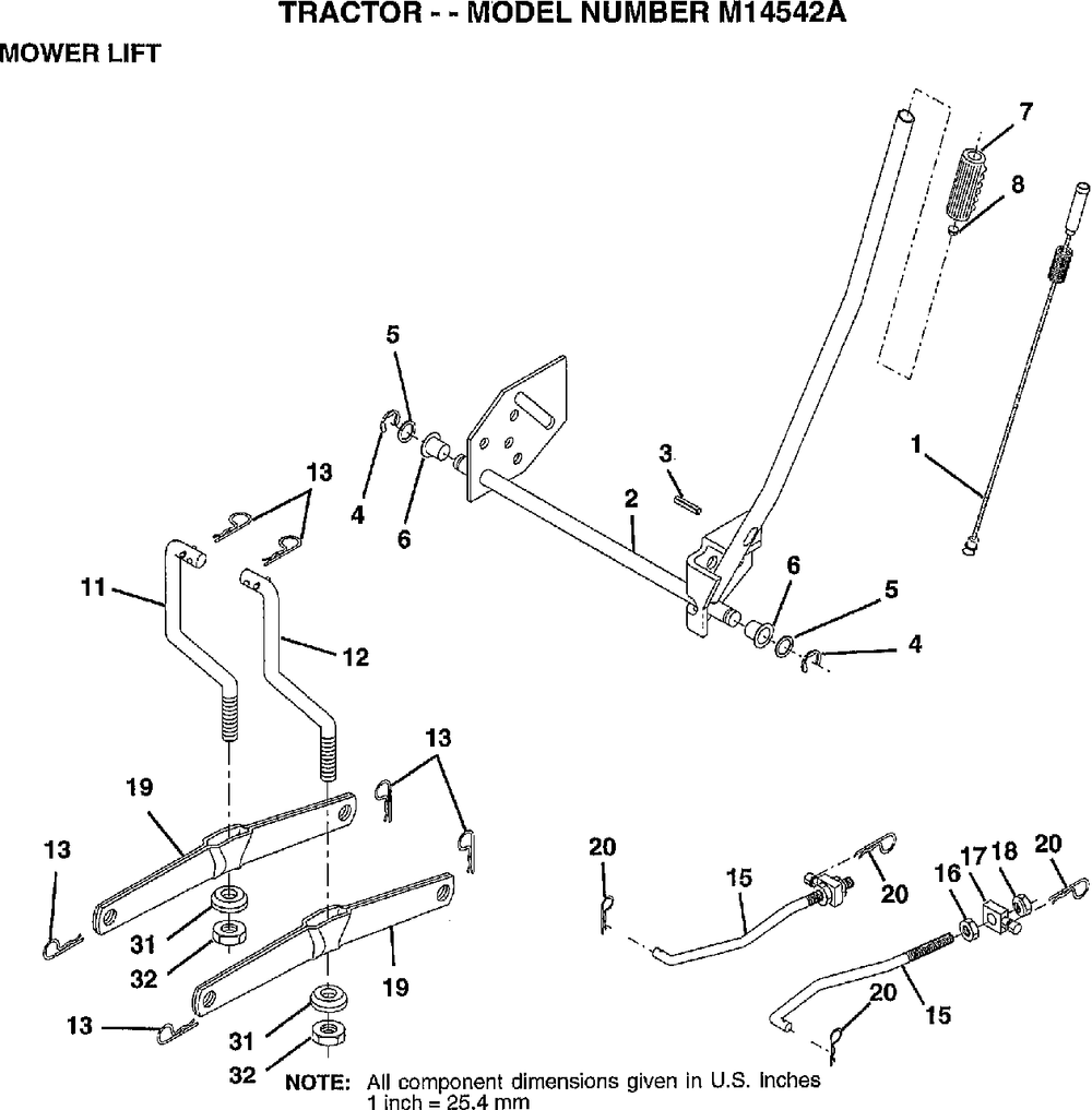 Mower Lift Diagram and Parts List for M14542A 1997 Murray Lawn Tractor
