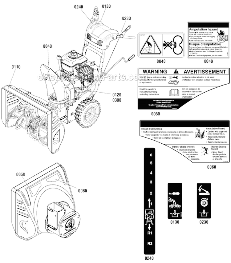 Decals Diagram and Parts List for 1696154-00 824LD - 2012 Murray Snow Blower
