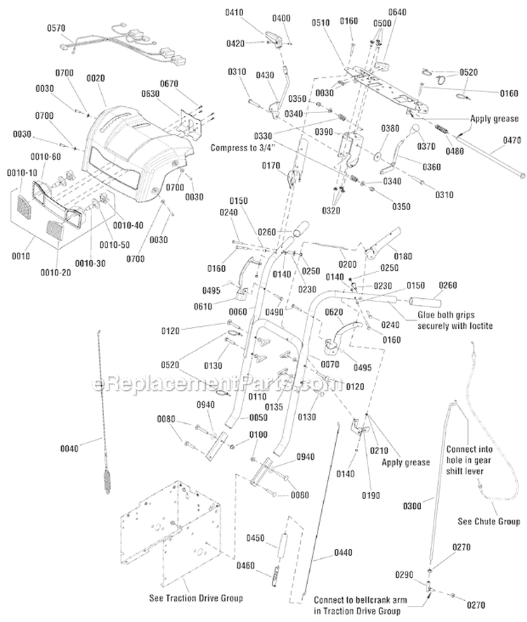 Handles Controls Diagram and Parts List for 1696155-00 924MD - 2012 Murray Snow Blower