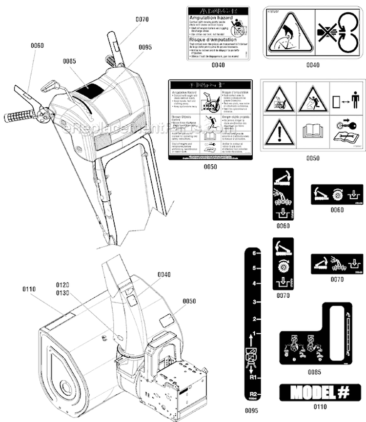 Decals Diagram and Parts List for 1696155-00 924MD - 2012 Murray Snow Blower