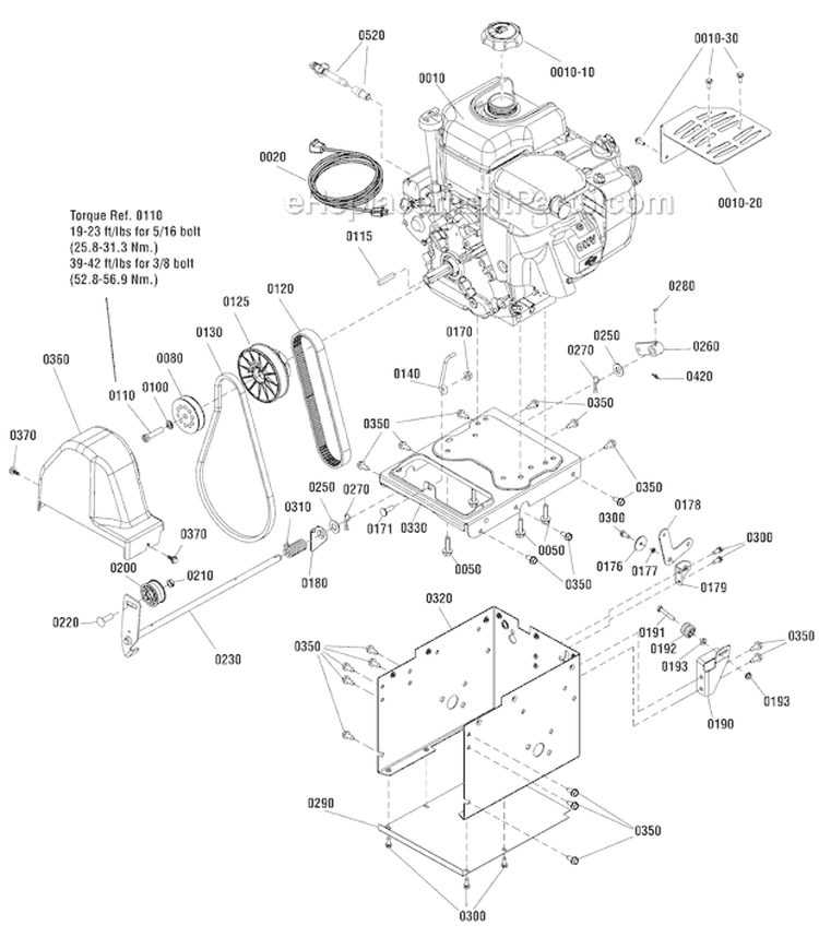 Engine Frame Diagram and Parts List for 1696157-00 1528HD - 2012 Murray Snow Blower