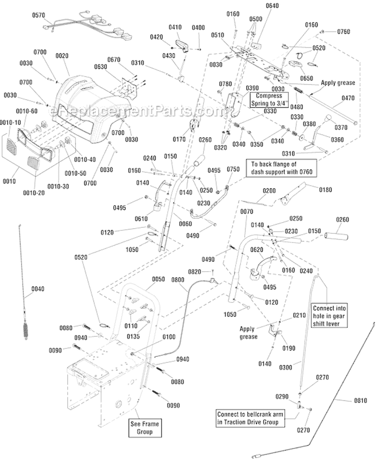 Handles Controls Diagram and Parts List for 1696157-00 1528HD - 2012 Murray Snow Blower