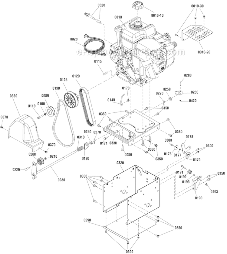 Engine Frame Diagram and Parts List for 1696158-00 1730HD - 2012 Murray Snow Blower