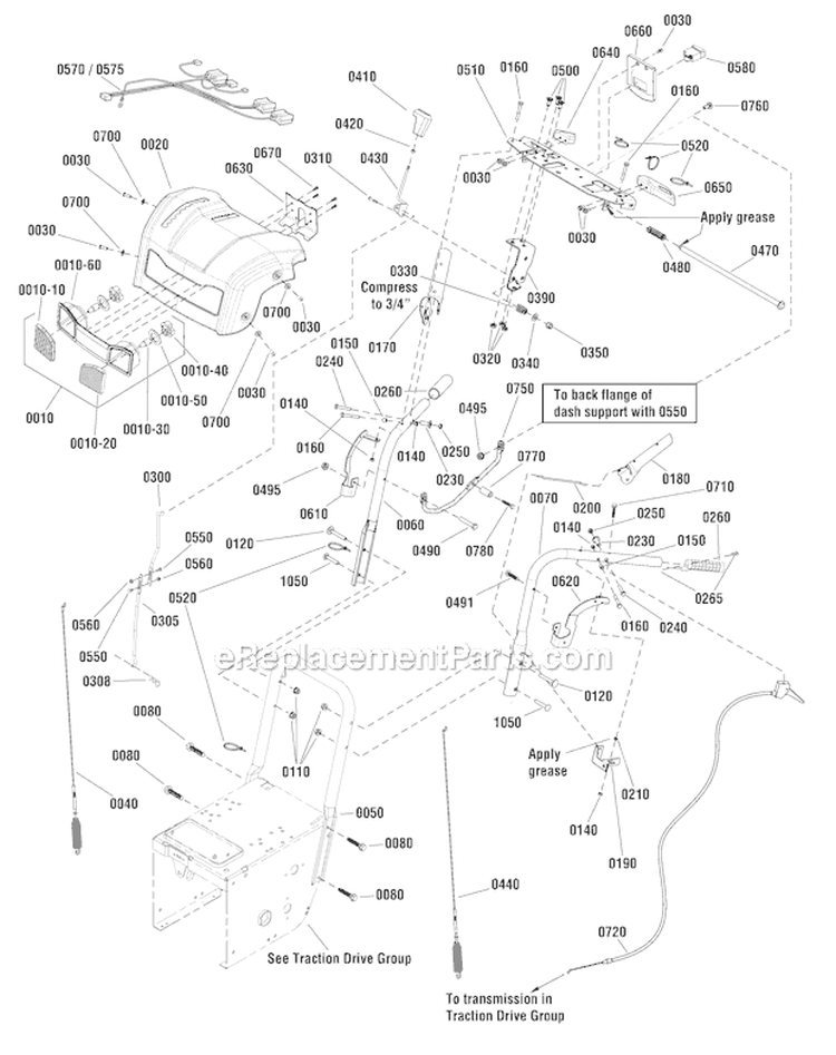 Handles Controls Diagram and Parts List for 1696159-00 BP2132S - 2012 Murray Snow Blower