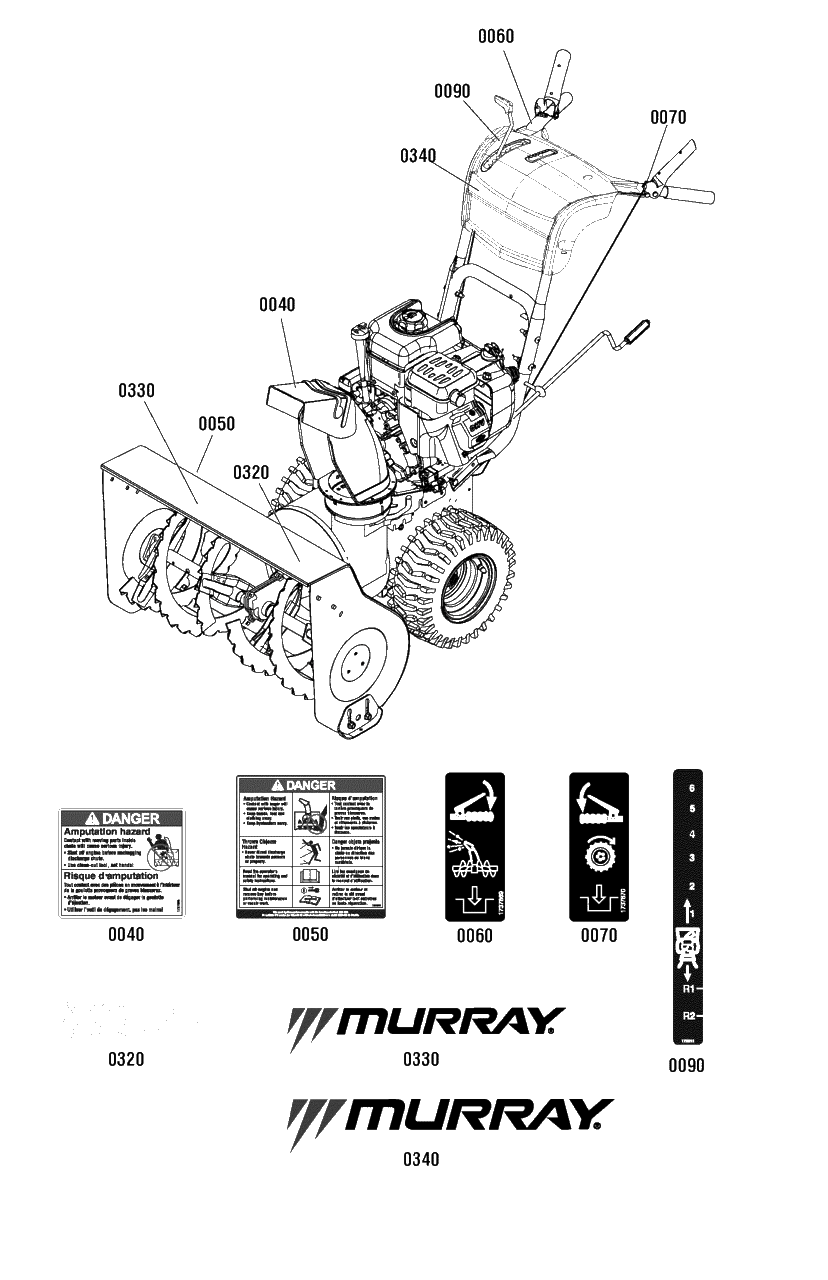 Decals Group Diagram and Parts List for 927ES (1696028)(2011) Murray Snow Blower
