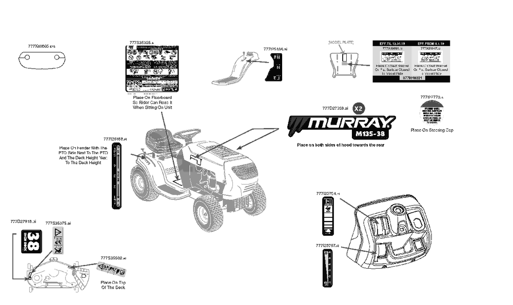 Label Map Diagram and Parts List for M135-38 (13A1762F058)(2019) Murray Lawn Tractor