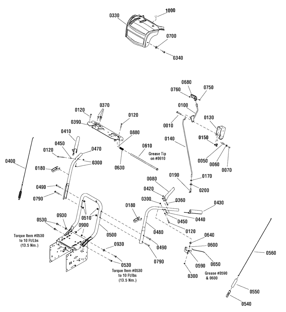 Handles And Controls Group Diagram and Parts List for 927ES (1696028)(2011) Murray Snow Blower