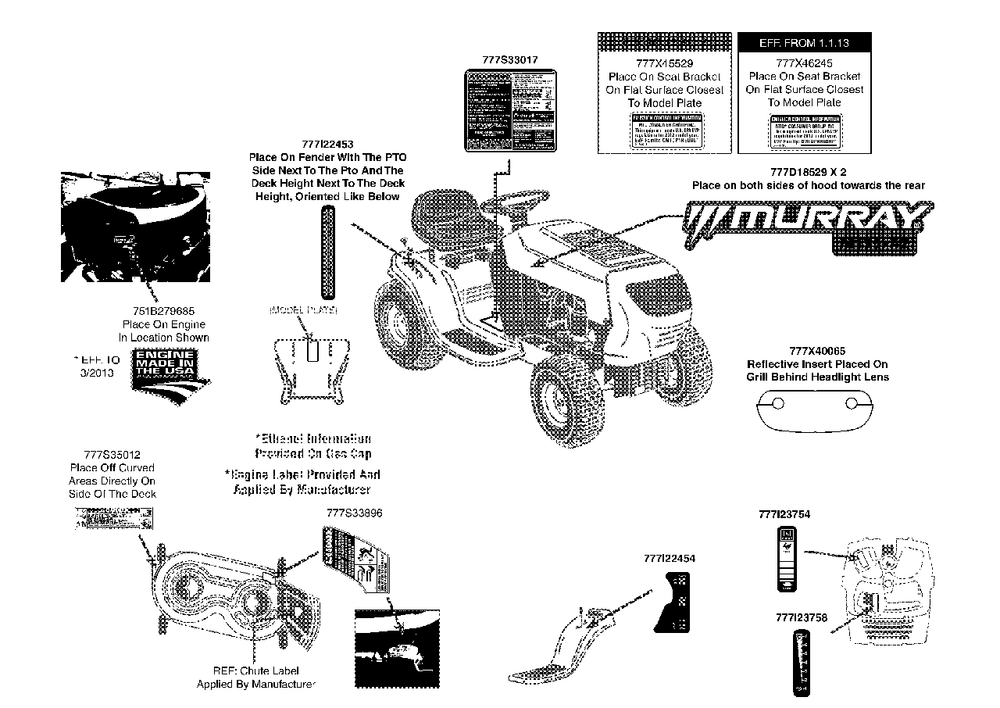 Label Map Diagram and Parts List for 13AN772S058 2013 Murray Lawn Tractor