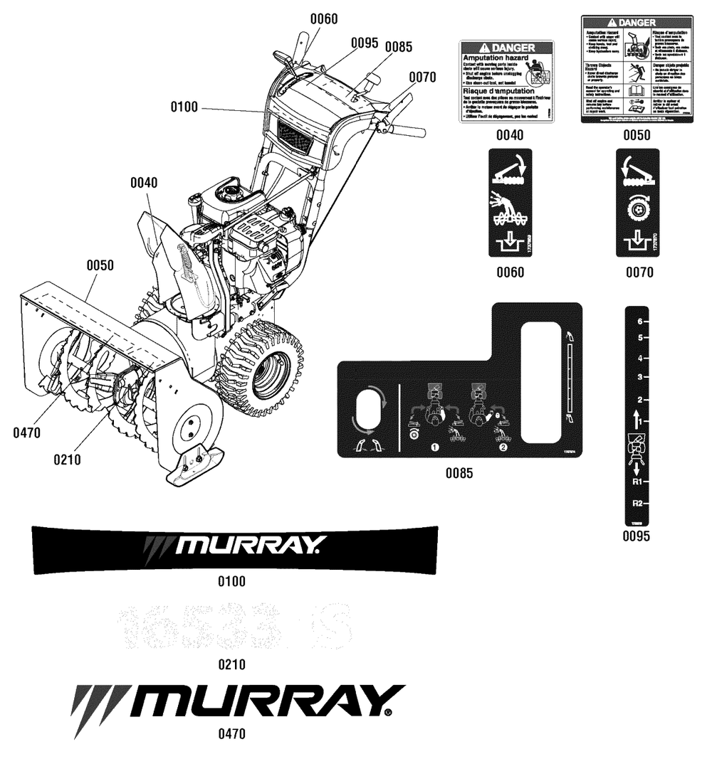 Decals Group Diagram and Parts List for 16533ES (1696031)(2011) Murray Snow Blower